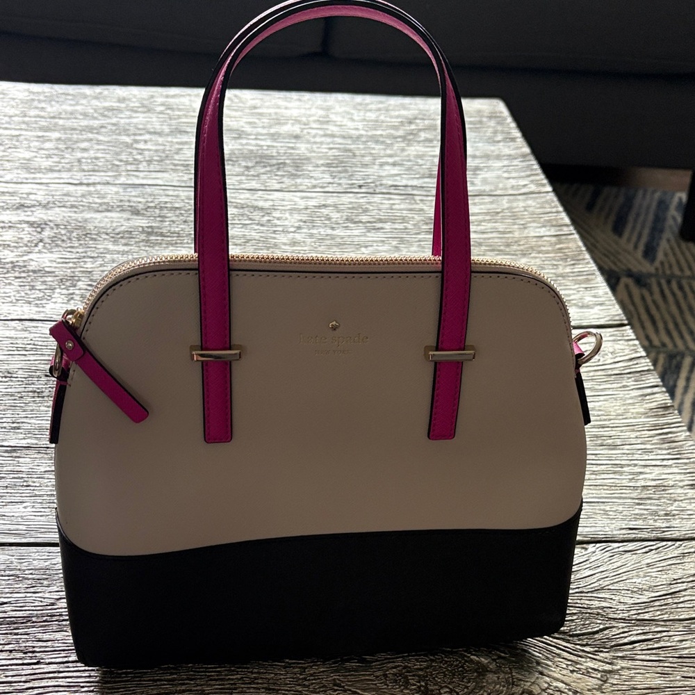 Kate Spade Cream and Black Satchel with Pink Highlights